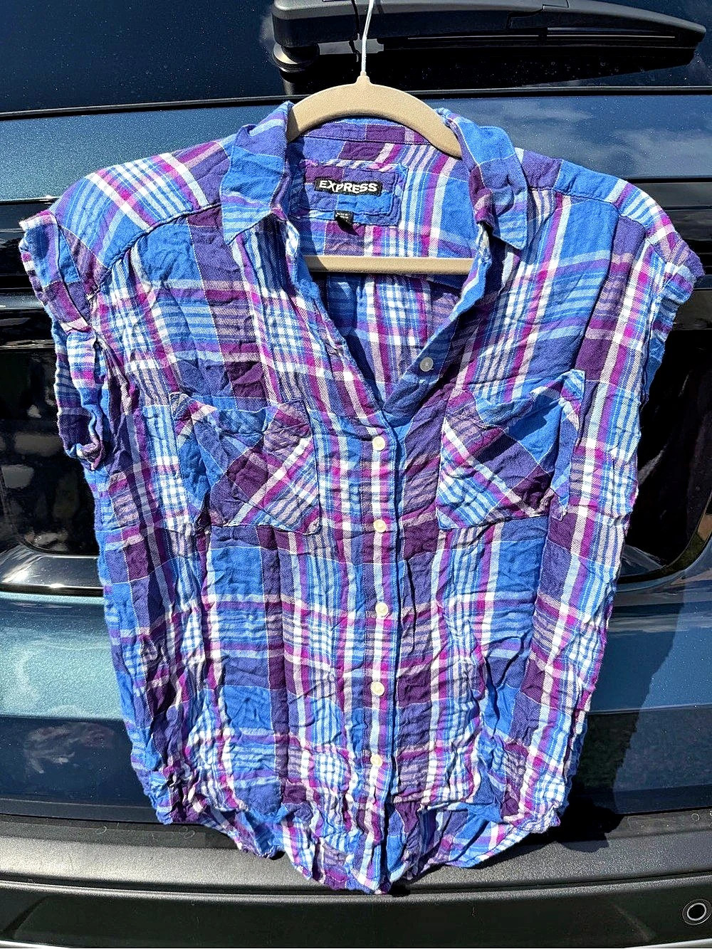 Xpress Plaid Button-Down Shirt in Blue & Purple